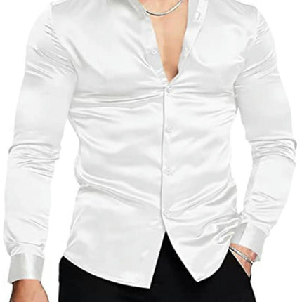 Men's Satin Dress Shirt Long Sleeve Casual Slim Fit Button Up Shirts