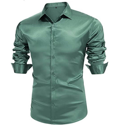 Men's Satin Dress Shirt Long Sleeve Casual Slim Fit Button Up Shirts