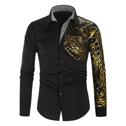 Gold Embroidery Shirts for Men Slim Fit Long Sleeve Button Down Dress Shirts