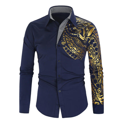 Gold Embroidery Shirts for Men Slim Fit Long Sleeve Button Down Dress Shirts