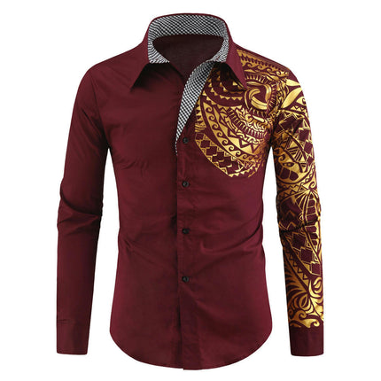 Gold Embroidery Shirts for Men Slim Fit Long Sleeve Button Down Dress Shirts