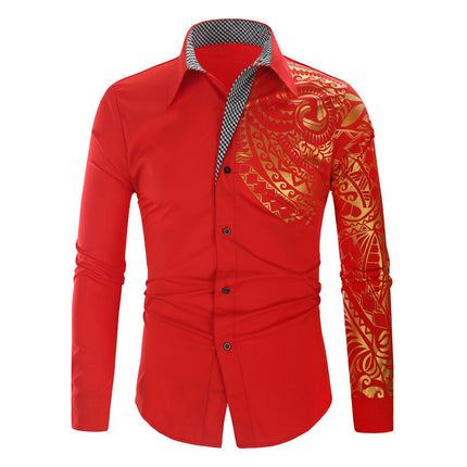 Gold Embroidery Shirts for Men Slim Fit Long Sleeve Button Down Dress Shirts