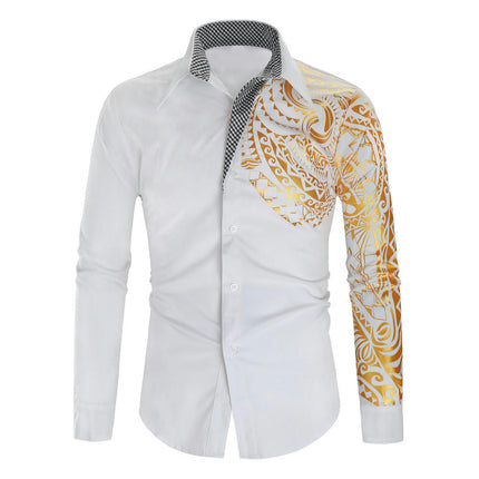 Gold Embroidery Shirts for Men Slim Fit Long Sleeve Button Down Dress Shirts