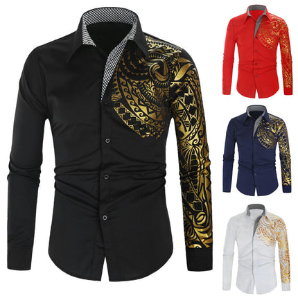 Gold Embroidery Shirts for Men Slim Fit Long Sleeve Button Down Dress Shirts