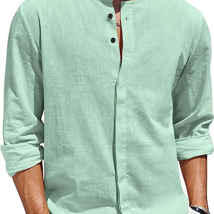 Men's Casual Linen Cotton Shirt Long Sleeve Button Up Beach Shirt