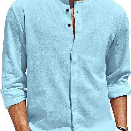 Men's Casual Linen Cotton Shirt Long Sleeve Button Up Beach Shirt