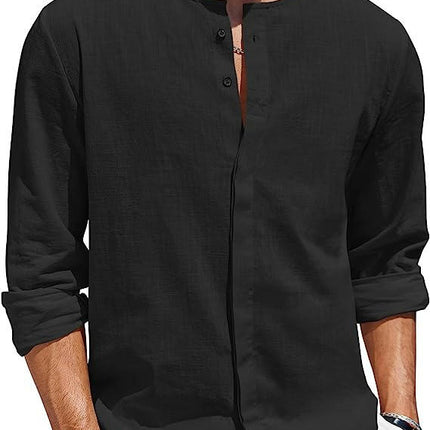 Men's Casual Linen Cotton Shirt Long Sleeve Button Up Beach Shirt