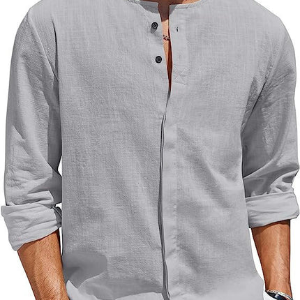 Men's Casual Linen Cotton Shirt Long Sleeve Button Up Beach Shirt