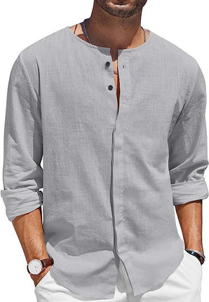 Men's Casual Linen Cotton Shirt Long Sleeve Button Up Beach Shirt