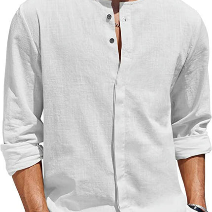 Men's Casual Linen Cotton Shirt Long Sleeve Button Up Beach Shirt