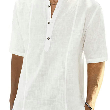 Men's Casual Cotton Linen Henley Shirt Short Sleeve Summer Shirt