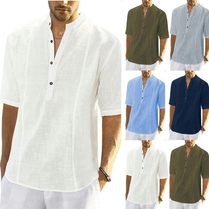 Men's Casual Cotton Linen Henley Shirt Short Sleeve Summer Shirt