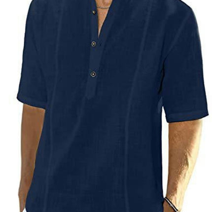 Men's Casual Cotton Linen Henley Shirt Short Sleeve Summer Shirt