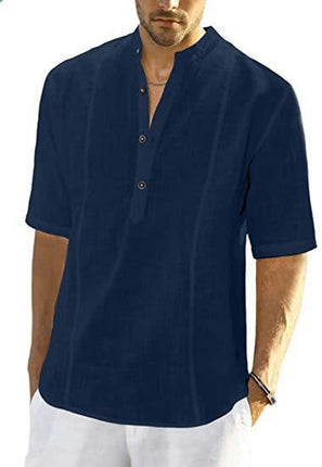 Men's Casual Cotton Linen Henley Shirt Short Sleeve Summer Shirt