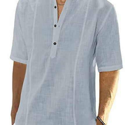 Men's Casual Cotton Linen Henley Shirt Short Sleeve Summer Shirt