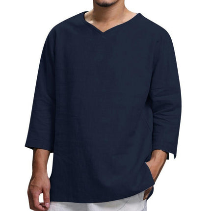 Men's Long Sleeve V Neck Linen Cotton Casual Shirt Solid Color Lightweight Tops