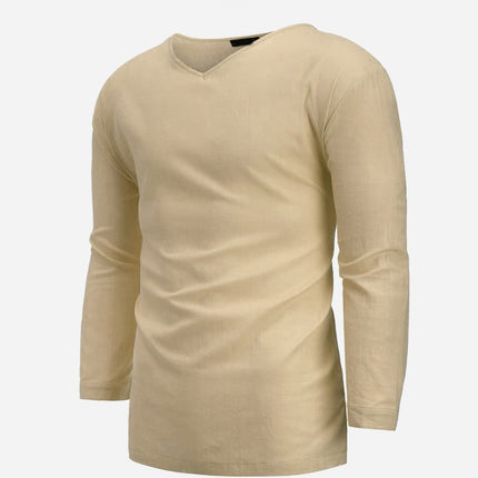 Men's Long Sleeve V Neck Linen Cotton Casual Shirt Solid Color Lightweight Tops