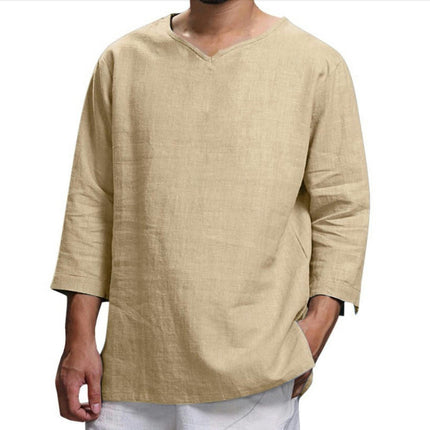 Men's Long Sleeve V Neck Linen Cotton Casual Shirt Solid Color Lightweight Tops