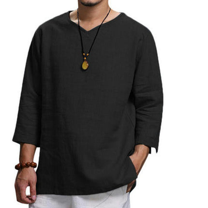 Men's Long Sleeve V Neck Linen Cotton Casual Shirt Solid Color Lightweight Tops