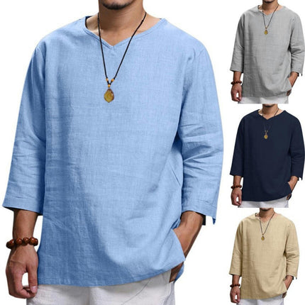 Men's Long Sleeve V Neck Linen Cotton Casual Shirt Solid Color Lightweight Tops