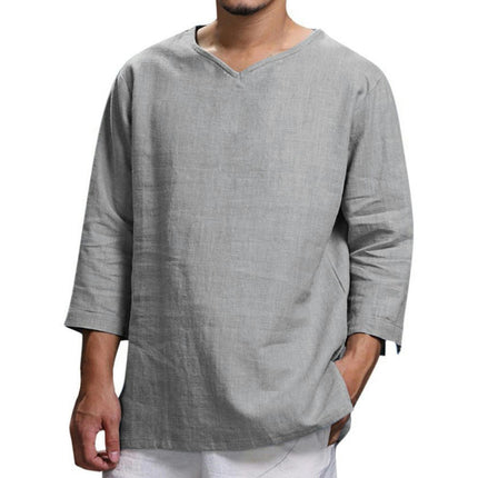 Men's Long Sleeve V Neck Linen Cotton Casual Shirt Solid Color Lightweight Tops