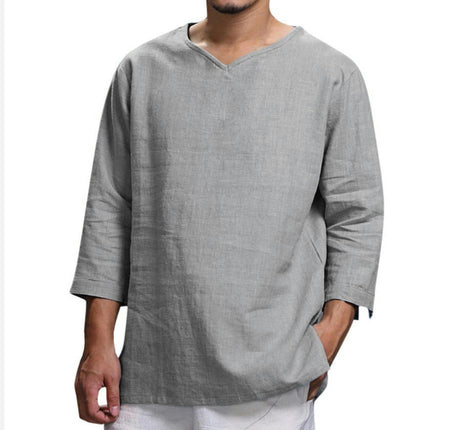 Men's Long Sleeve V Neck Linen Cotton Casual Shirt Solid Color Lightweight Tops