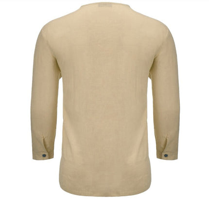 Men's Long Sleeve V Neck Linen Cotton Casual Shirt Solid Color Lightweight Tops