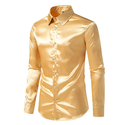 Men's Luxury Silk Like Satin Button Up Dress Long Sleeve Shirts