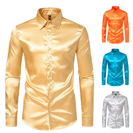 Men's Luxury Silk Like Satin Button Up Dress Long Sleeve Shirts