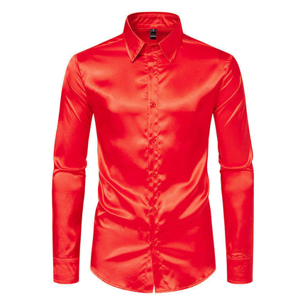 Men's Luxury Silk Like Satin Button Up Dress Long Sleeve Shirts