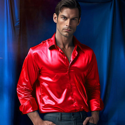 Men's Luxury Silk Like Satin Button Up Dress Long Sleeve Shirts