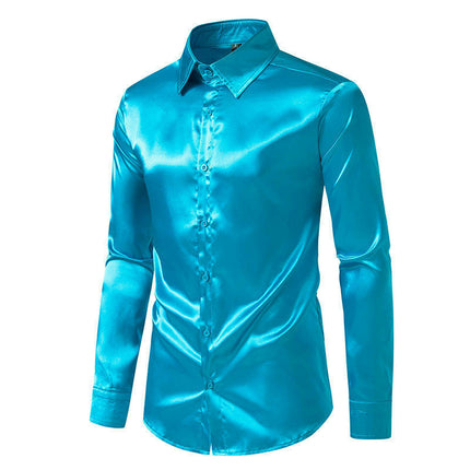 Men's Luxury Silk Like Satin Button Up Dress Long Sleeve Shirts