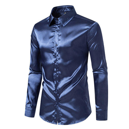 Men's Luxury Silk Like Satin Button Up Dress Long Sleeve Shirts