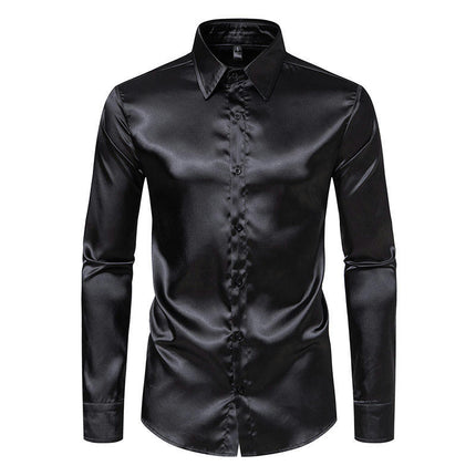 Men's Luxury Silk Like Satin Button Up Dress Long Sleeve Shirts