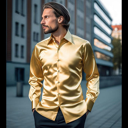 Men's Luxury Silk Like Satin Button Up Dress Long Sleeve Shirts