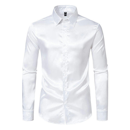 Men's Luxury Silk Like Satin Button Up Dress Long Sleeve Shirts