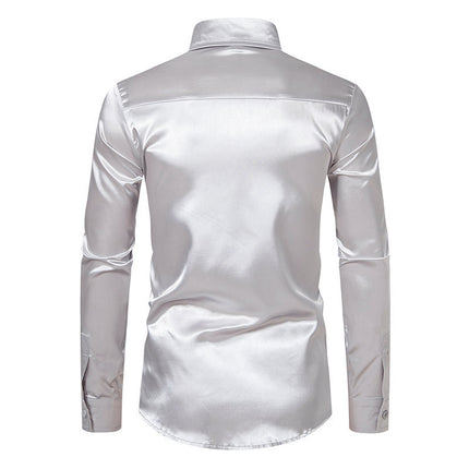 Men's Luxury Silk Like Satin Button Up Dress Long Sleeve Shirts