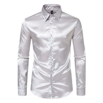 Men's Luxury Silk Like Satin Button Up Dress Long Sleeve Shirts