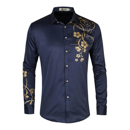 Men's Printed British Style Design Slim Fit Long Sleeve Button Up Party Dress Shirts