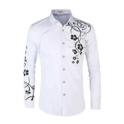 Men's Printed British Style Design Slim Fit Long Sleeve Button Up Party Dress Shirts