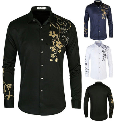 Men's Printed British Style Design Slim Fit Long Sleeve Button Up Party Dress Shirts