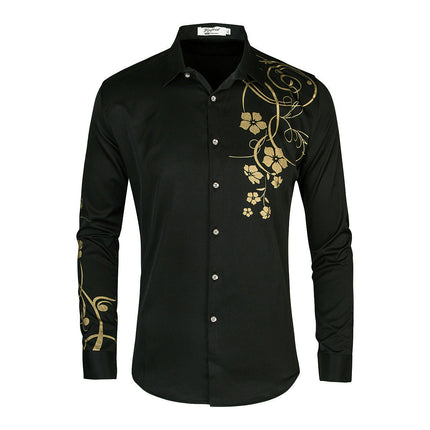 Men's Printed British Style Design Slim Fit Long Sleeve Button Up Party Dress Shirts