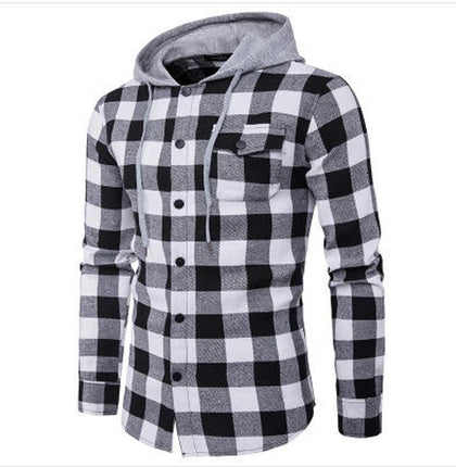 Men's Long Sleeve Shirt Casual Hooded Plaid Button Down Shirts