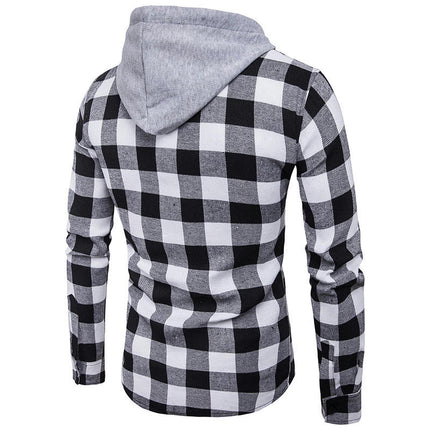 Men's Long Sleeve Shirt Casual Hooded Plaid Button Down Shirts