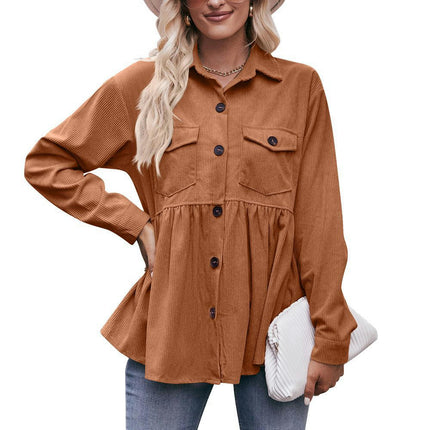 Women's Corduroy Peplum Shacket Jacket Long Sleeve Button Down Babydoll Shirts Tops