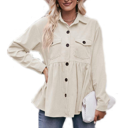 Women's Corduroy Peplum Shacket Jacket Long Sleeve Button Down Babydoll Shirts Tops