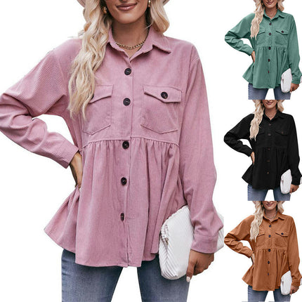 Women's Corduroy Peplum Shacket Jacket Long Sleeve Button Down Babydoll Shirts Tops