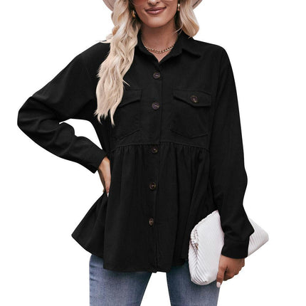 Women's Corduroy Peplum Shacket Jacket Long Sleeve Button Down Babydoll Shirts Tops