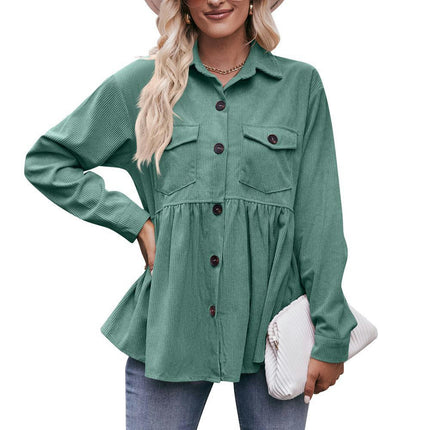 Women's Corduroy Peplum Shacket Jacket Long Sleeve Button Down Babydoll Shirts Tops