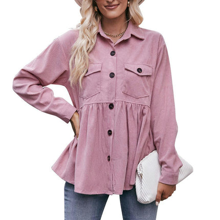 Women's Corduroy Peplum Shacket Jacket Long Sleeve Button Down Babydoll Shirts Tops